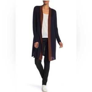 Eileen Fisher Navy and Brown Open Cardigan Tencel Silk Medium